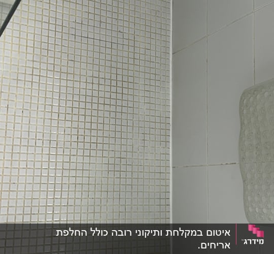 מקלחת עם אריחים לבנים וראש מקלחת